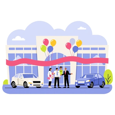A car dealership with a modern building design featuring glass windows and a wide entrance. Colorful balloons in various shades of red, blue, and yellow are tied to the entrance and float above the scene. There is a large, shiny red ribbon stretched across the front, ready for a cutting ceremony. A group of smiling people, including the dealership owner and a local official, stand near the ribbon holding oversized scissors. Several sparkling new cars are displayed prominently on the lot, showcasing their sleek designs. The sky above is bright blue with a few fluffy white clouds.