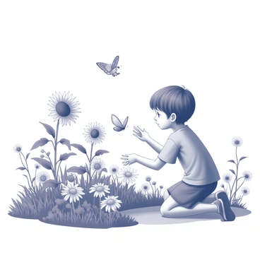 A child is kneeling on the ground in a garden. The child is observing a variety of flowers, each with distinct shapes and textures. Butterflies are fluttering around, some landing on the flowers while others are in mid-flight. The garden has different flower types, including tall sunflowers and small daisies, arranged closely together. The child is wearing a simple shirt and shorts, with a look of curiosity on their face as they reach out towards a butterfly. The background is filled with lush greenery and additional flower patches.