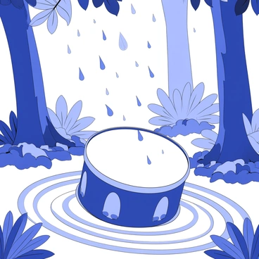 Raindrops are falling onto a drum positioned on the forest floor in a rainforest. The drum surface is smooth, reflecting the impact points of each raindrop. Around the drum, waves of sound energy are visually depicted, radiating outward in concentric circles. Lush green foliage surrounds the drum, and tall trees rise in the background, their leaves glistening with moisture from the rain. The atmosphere is filled with the sense of movement as raindrops continuously hit the drum and create rhythmic ripples in the surrounding air.