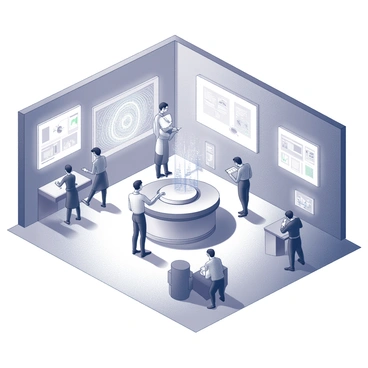 A futuristic hub filled with advanced technology. The space is occupied by multiple glowing screens, each displaying intricate AI algorithms in dynamic patterns. The screens are mounted on sleek, metallic walls that reflect light. In the center, a circular workstation is surrounded by various holographic interfaces. People are interacting with the technology, some analyzing data on the screens while others are engaged in discussions. The flooring is smooth and polished, and there are abstract, angular furniture pieces scattered throughout the area.