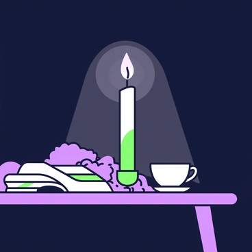 A single candle stands on a wooden table in a dark room. The candle has a slender shape, with a flame flickering at the top, casting soft light around. The light from the candle creates gentle shadows on the walls, enhancing the atmosphere of the space. Nearby, there are small items such as a book with its pages slightly open and a cup resting next to it, illuminated by the candlelight. The overall scene conveys a sense of warmth and tranquility.