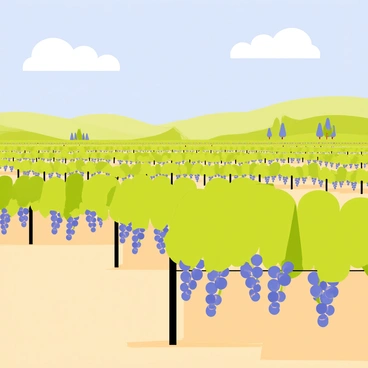 A sprawling vineyard in Mallorca featuring neatly arranged rows of green grapevines stretching across the landscape. The grapevines are lush with clusters of ripe purple grapes, and some vines have vibrant green leaves. The background showcases gentle rolling hills, and a few olive trees are scattered throughout the vineyard. Above, a clear blue sky with a few fluffy white clouds completes the scene, providing a bright and sunny atmosphere.