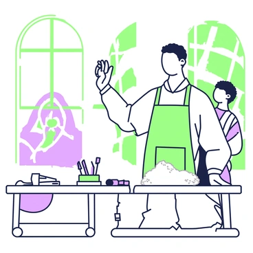 A sculptor is focused on chiseling a marble statue in a bright studio filled with natural light. The sculptor, wearing a simple shirt and apron, stands beside a large block of white marble. In one hand, they hold a chisel while the other hand is raised, poised to strike. The partially carved statue depicts a figure with defined features, and fine dust surrounds the base. Tools are scattered across a nearby workbench, including various chisels and a small mallet. Large windows allow sunlight to flood the room, casting shadows and highlighting the textures of the marble and the sculptor's hands.