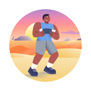 A lone trainer with a muscular build is performing a dumbbell shoulder press in the foreground. The trainer has short black hair and is wearing a sleeveless blue shirt and grey shorts. As the sun rises, the sky is painted in vibrant shades of orange, pink, and purple, casting a warm glow over the expansive desert landscape. The ground is covered with fine golden sand, and silhouette-like distant dunes rise gently against the sky. The trainer's expression shows concentration, with beads of sweat visible on their forehead, emphasizing the intensity of the workout.