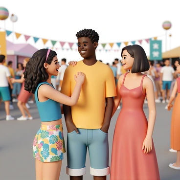 A group of three friends is standing together at a vibrant music festival. One friend, a woman with long curly hair, is wearing a bright blue tank top and colorful patterned shorts. She is excitedly introducing another friend, a man with short black hair, who is dressed in a yellow t-shirt and denim jeans. The third friend, a woman with a bob haircut, is wearing a red sundress and is laughing as she listens to the introduction. In the background, there are colorful banners and festival decorations, creating a lively atmosphere filled with people enjoying the music and dancing.