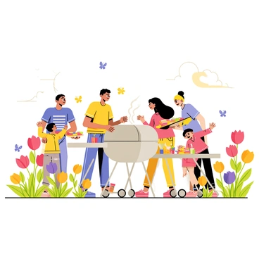 A family gathered around a barbecue grill in their backyard during a sunny day. The barbecue is a shiny silver model, with smoke rising from the grill, indicating that food is being cooked. The family members include a father flipping burgers, a mother holding a plate of colorful vegetables, and two children playing nearby. The backyard is filled with vibrant summer flowers in various colors, such as bright red, yellow, and purple, adding a cheerful atmosphere. A picnic table is set up nearby with drinks and plates, and a few butterflies are fluttering around the flowers.