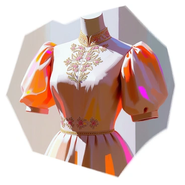 A close-up view of a vintage film costume featuring intricate embroidery. The costume is made of rich, textured fabric in deep hues, showcasing elaborate floral and geometric patterns stitched with gold and silver threads. The neckline is adorned with ornate details, and the sleeves are elegantly puffy, drawing attention to the craftsmanship. The fabric drapes gracefully, revealing layers that enhance its vintage charm. A soft light accentuates the stitching, highlighting the depth and quality of the embroidery throughout the garment.