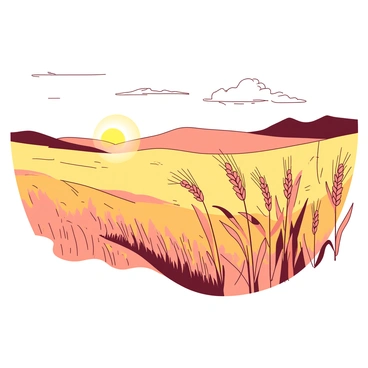 A golden wheat field stretches across the landscape under a soft, warm dawn light. The individual wheat stalks are illuminated, showing their fine textures as they sway gently in the morning breeze. A few wispy clouds are visible in the sky, reflecting the warm hues of the rising sun. In the distance, a silhouette of rolling hills can be seen, enhancing the depth of the scene.