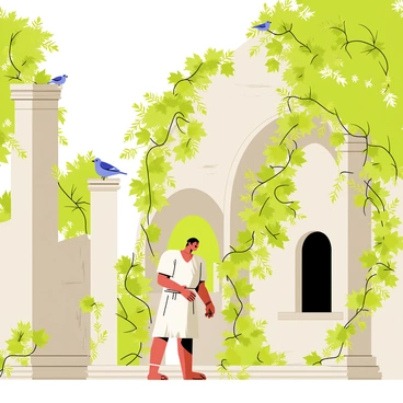 Ulysses stands in front of ancient ruins, which are characterized by crumbling stone walls and weathered columns. The ruins are intricately entwined with lush green vines and dense foliage, creating a vibrant contrast with the aged stone. Sunlight filters through the leaves, casting dappled shadows on the ground. Ulysses, dressed in a simple tunic and a cloak, gazes in awe at the structure, his expression reflecting curiosity and wonder. Birds perch on the vines, adding life to the scene.