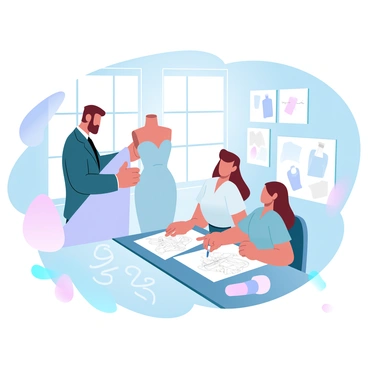 Two designers are standing together in a bright design studio, surrounded by various fabric swatches and sketches. One designer, wearing a tailored blazer, is draping a luxurious fabric over a dress form to create the silhouette of a stunning couture gown. The other designer, in a stylish blouse, is sitting at a drafting table, intently sketching detailed designs on a large pad of paper. The room is filled with colorful threads, measuring tapes, and a large mood board displaying inspiration images. A large window allows soft natural light to fill the space, enhancing the creative atmosphere.