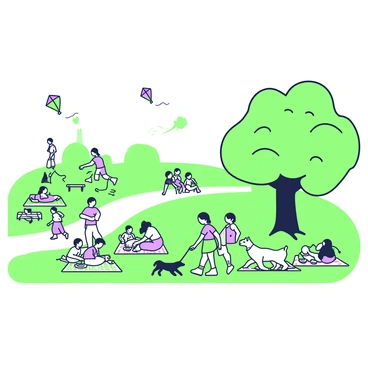 A sprawling city park is filled with greenery and various activities. In the foreground, several groups of people are enjoying picnics on colorful blankets spread across the grass. Nearby, a couple is walking a dog, with the dog playfully tugging at its leash. In the distance, children are running with kites in vibrant colors soaring through the clear sky. A large tree provides shade, with a few people resting under its branches, while a pathway lined with benches winds through the park.