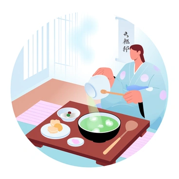 A traditional Japanese tea ceremony is taking place in a serene tea room adorned with tatami mats. In the center, a tea set is arranged on a low wooden table, featuring a round bowl containing vibrant green matcha powder. A bamboo whisk and a scoop are positioned beside the bowl. A person dressed in a colorful kimono is gently pouring hot water into the bowl, creating delicate froth on the matcha. Nearby, a small plate holds Japanese sweets, adding to the aesthetic. The room is softly illuminated by natural light filtering through paper sliding doors, and a hanging scroll with elegant calligraphy is visible on the wall.