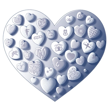 A large heart shape is composed of numerous smaller hearts, each distinct in design and pattern. The smaller hearts vary in size, intricately showcasing symbols and motifs that represent different cultures and identities. Some contain traditional patterns, while others display emblematic colors and shapes associated with various cultures. The overall arrangement is harmonious, creating a cohesive larger heart that celebrates diversity and unity.