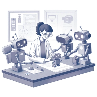 A young inventor is working in a cluttered workshop filled with various tools and gadgets. She is wearing goggles and a lab coat, focused on a small robot in front of her. Surrounding her are several quirky robots of different shapes and sizes, each displaying unique features. One robot has a round head with large expressive eyes, while another has mechanical arms and a toolbox attached to its back. The workbench is scattered with wires, gears, and blueprints, adding to the busy atmosphere of innovation and creativity.
