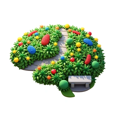 A serene garden with flowers and plants arranged in the shape of a brain