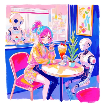 An anime character with bright, colorful hair is seated at a small table in a cozy cafe. She is wearing a stylish outfit with a futuristic flair, featuring vibrant patterns. In her hand, she holds a large, intricately designed drink adorned with colorful fruit garnishes. Surrounding her are robot waiters with sleek metallic bodies, serving customers and attending to their needs. The cafe is decorated with AI-themed artwork and soft lighting, creating a warm and inviting atmosphere. On the table, there are small potted plants adding a touch of greenery to the scene.