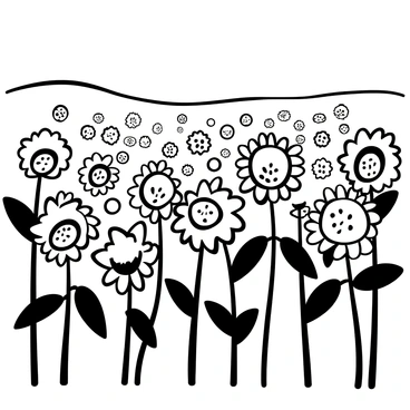 A field filled with tall sunflowers, each with distinct, large circular heads and long green stems. The sunflowers appear to be swaying gently in the breeze, creating a sense of movement across the field. There are numerous individual sunflowers scattered throughout, with varying heights and orientations. Each sunflower's petals are outlined sharply, while their centers are depicted with intricate patterns. The background features gently rolling hills, enhancing the scene of a vast floral landscape.
