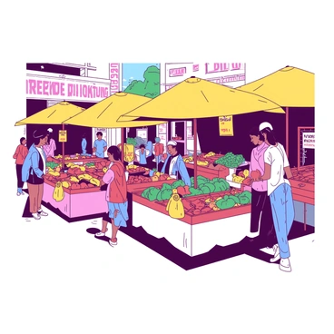 A vibrant street market scene filled with various market stalls. Each stall is colorful, displaying an assortment of fruits, vegetables, and handcrafted goods. There are people of diverse backgrounds browsing the stalls, with some holding shopping bags filled with fresh produce. Bright yellow umbrellas provide shade for the vendors and customers alike. In the background, there are lively interactions as vendors call out their prices, and children play near a stall selling toys. Banners and signs are hanging from the stalls, adding to the bustling atmosphere.