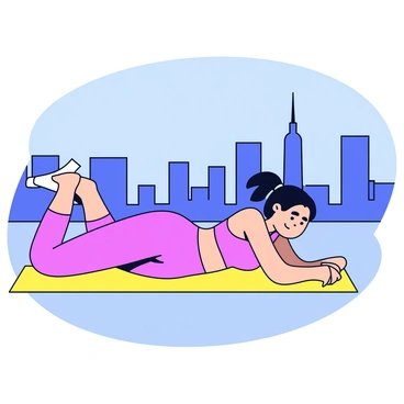 A woman is performing clamshell exercises on a rooftop. She is lying on her side on a bright exercise mat. The city skyline is visible in the background, showcasing tall buildings and a clear blue sky. The woman is dressed in a fitted purple workout outfit. Her hair is tied back in a ponytail. The sunlight casts soft shadows on the rooftop, highlighting her focused expression as she engages in the exercise.