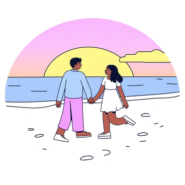A couple walking along a quiet beach at sunrise. The sky is filled with soft pastel colors, blending shades of pink, orange, and yellow. The couple is holding hands, with one person wearing a light blue shirt and the other in a white sundress. Their feet are partially submerged in the sand, with small waves gently lapping at their ankles. The beach is empty except for the footprints left behind by the couple.