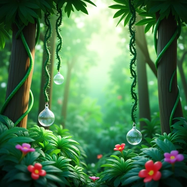 A lush jungle scene filled with vibrant green foliage and various tropical plants. Thick vines are wrapped around clear glass ampoules, which dangle from the branches of tall, sturdy trees. Sunlight filters through the dense canopy, casting dappled light on the ground. The air is thick with humidity, and subtle hints of colorful flowers peek through the greenery.