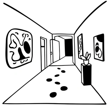 A hallway adorned with an elegant rug featuring "cute little footprints" leading across it. The walls are lined with decorative frames, showcasing various pieces of art. At the end of the hallway, there is a door slightly ajar, revealing a glimpse of another room beyond. A small potted plant sits on a side table, adding a touch of nature to the scene. The lighting casts gentle shadows, creating depth along the corridor.