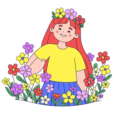 A young woman with long flowing hair is wearing a handmade flower crown adorned with colorful blooms. She is standing in a vibrant field filled with various wildflowers, showcasing shades of yellow, purple, and red. The sunlight casts a warm glow on her face, highlighting her joyful expression as she gazes at the flowers around her. The scene captures the essence of a bright day in nature.