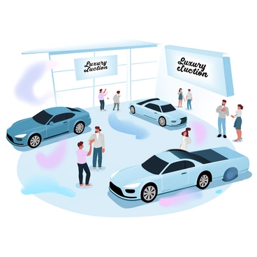 A spacious showroom filled with luxury cars, featuring sleek designs and shiny finishes. Several people are walking around, examining the cars closely. Some individuals are pointing at specific features of the vehicles, while others are engaged in conversation. The showroom is brightly lit, highlighting the polished surfaces of the cars. A few cars are parked on elevated pedestals, showcasing their design. Elegantly designed banners with "Luxury Auction" printed in bold letters are displayed throughout the space.