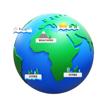 A globe with various travel options marked. The globe shows distinct locations for "beaches," represented by an illustration of a sun and waves. "Mountains" are marked with an image of a mountain peak and pine trees. "Cities" are highlighted with small illustrations of skyscrapers and urban landscapes. Each travel option is clearly labeled with its corresponding title in a bold font, ensuring clarity. The globe has a bright, colorful design that emphasizes the diversity of travel destinations.