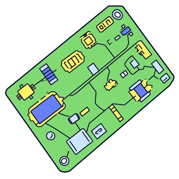 A circuit board filled with intricate pathways and electronic components. The board features a network of thin lines representing the pathways, interconnecting various parts. Prominent components such as capacitors, resistors, and microchips are scattered across the surface. Each component is depicted with distinct shapes and labels, showcasing their functions. The circuit board has a green base color, contrasting with the metallic gold and silver tones of the components.