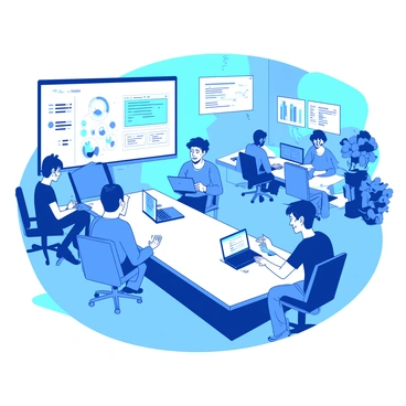 A blue tech hub annex features a spacious open area where several developers are gathered around large white tables. They are engaged collaboratively on various projects, using advanced technology such as laptops and tablets. One developer is typing on a sleek laptop, while another is analyzing data on a large white screen mounted on the wall. Nearby, a group is discussing ideas animatedly, with digital tablets displaying colorful diagrams and code. The atmosphere is busy yet focused, with modern design elements enhancing the tech-savvy environment.