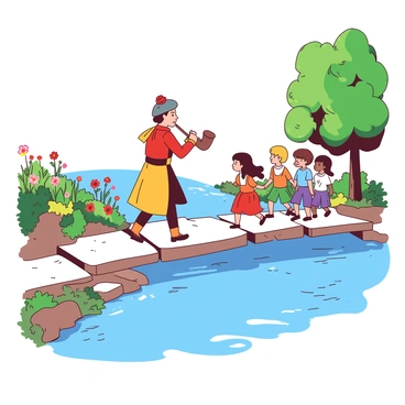 A duotone illustration features "The Pied Piper" dressed in a vibrant ensemble, playing his pipe. He is walking confidently across a series of large, flat stones that form a path across a "serene river." Behind him, a group of children with varied clothing styles follows closely, each one captivated by the music. The children are of different ages and ethnicities, showcasing diversity. The river is calm, with gentle ripples reflecting the surroundings. On one side of the riverbank, there are lush green plants and colorful flowers, while the other side displays a few tall trees, casting dappled shadows on the water.