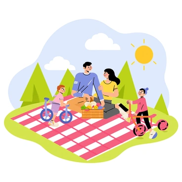 A family having a picnic on a red and white checkered blanket spread out on green grass. The parents are sitting on the blanket, enjoying a basket filled with various foods like sandwiches and fruits. Nearby, two young children are playing with colorful tricycles, one is a bright blue and the other is a vibrant red. The sun is shining, and a few fluffy white clouds are drifting in the blue sky above. There are trees in the background providing shade and creating a cheerful atmosphere.