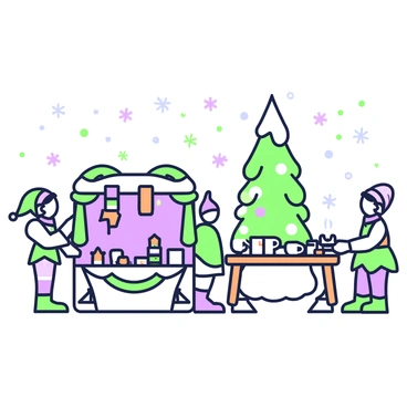 A winter fair is set up in a snowy landscape. There are several stalls decorated with green garlands and purple ribbons. Elves with pointy ears and colorful attire are busy at their stalls. One stall features a variety of handmade crafts, including wooden toys and knitted scarves, displayed neatly on wooden tables. Another stall is dedicated to hot drinks, with steaming mugs lined up, and an elf is pouring hot chocolate into a cup. Snowflakes gently fall from the sky, creating a festive atmosphere. In the background, a snow-covered pine tree stands tall, adding to the charm of the scene.