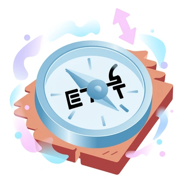 A compass with a shiny metallic casing is placed on a wooden surface. The needle of the compass is firmly pointing towards the direction labeled "ETF" in bold, clear letters. Surrounding the compass are various financial symbols, such as upward arrows and dollar signs, subtly integrated into the background. The wood has a warm, rich gradient, complementing the metallic tones of the compass. A soft light casts gentle shadows, enhancing the details of the compass and the symbols around it.
