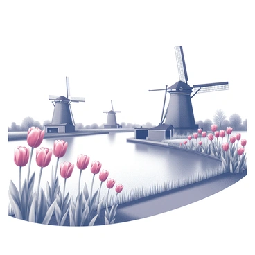 A canal in Holland with calm water reflecting the surrounding scenery. The canal is bordered by vibrant tulip flowers in varying heights and shapes, showcasing their detailed petal structure. In the background, traditional windmills stand tall, featuring their iconic blades extended against the skyline. The overall composition portrays a harmonious blend of natural beauty and classic Dutch architecture.
