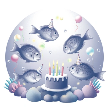 Several fish are swimming together in a vibrant underwater scene. Each fish has distinct patterns and shapes, showcasing their unique species. They are surrounded by colorful underwater decorations, including balloons, streamers, and a large, ornate birthday cake placed on a coral reef. The fish are playfully interacting, with some wearing tiny party hats and others blowing bubbles. Sunlight filters through the water above, illuminating the festive atmosphere of this underwater birthday celebration.
