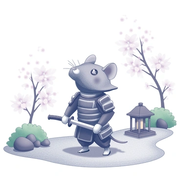 A small mouse wearing intricately designed samurai armor, complete with a helmet adorned with a crest. The mouse is holding a tiny katana in its right paw, with an attentive stance. The scene is set in a Japanese garden featuring carefully raked gravel, lush green plants, and a small stone lantern. In the background, there are delicate cherry blossom trees, their petals gently falling. The atmosphere is calm and tranquil, highlighting the mouse's focus and determination.