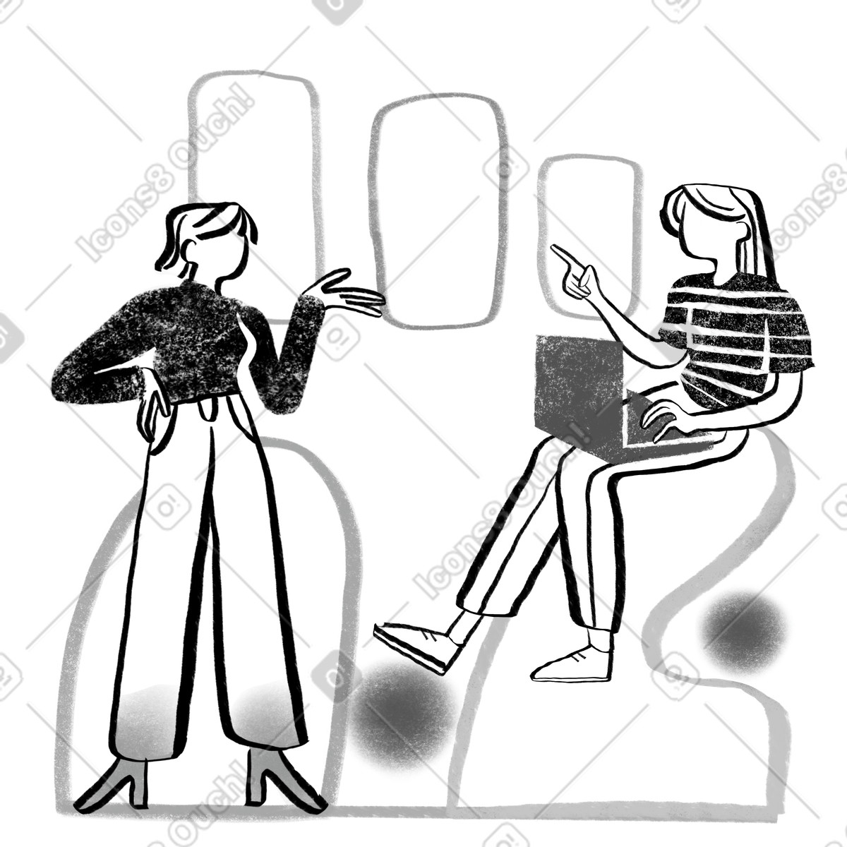 Black and white two co workers discussing presentation with graphs illustration in PNG, SVG
