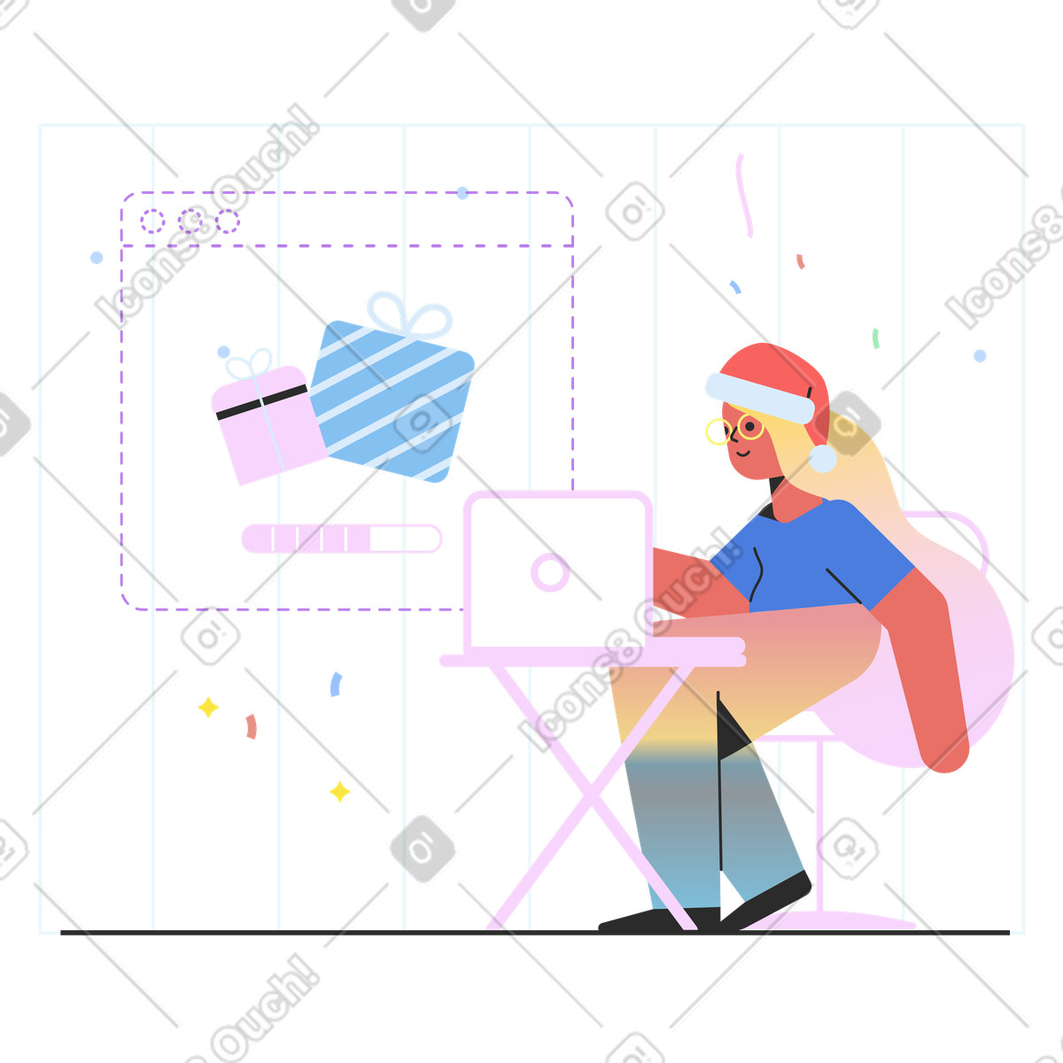 Ilustración Compras navideñas online en estilo Marginalia a descargar en PNG y SVG