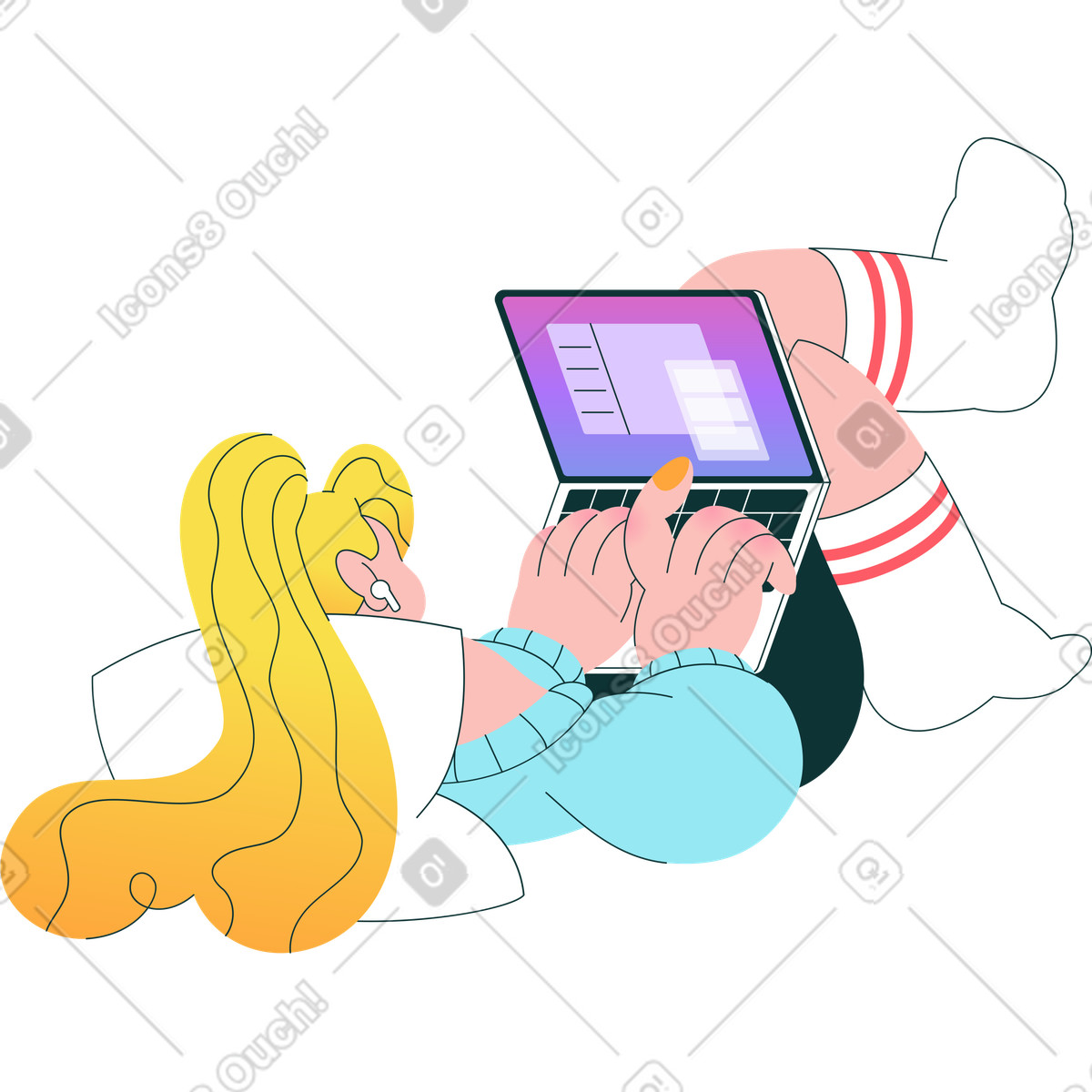 Donna sdraiata con il laptop sopra di lei illustrazione in stile Florid scarica in PNG, SVG