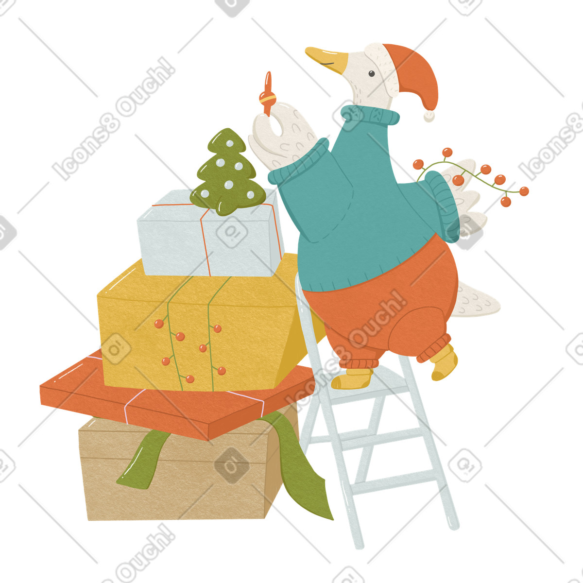 Goose スタイルの 階段に立って小さなクリスマスツリーを飾るガチョウ のイラストをPNG、SVG形式でダウンロード
