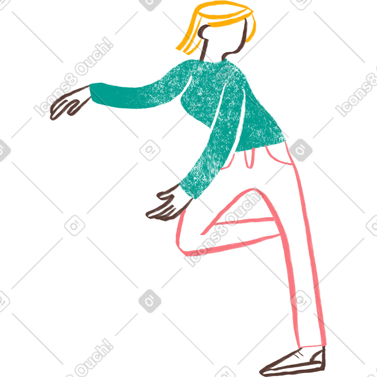Blond haired woman standing on one leg with her hands around something illustration in Company style download in PNG, SVG