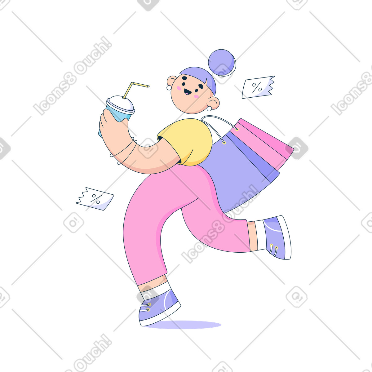 Ilustración Mujer feliz caminando con bolsas de compras en estilo Bubble gum a descargar en PNG y SVG