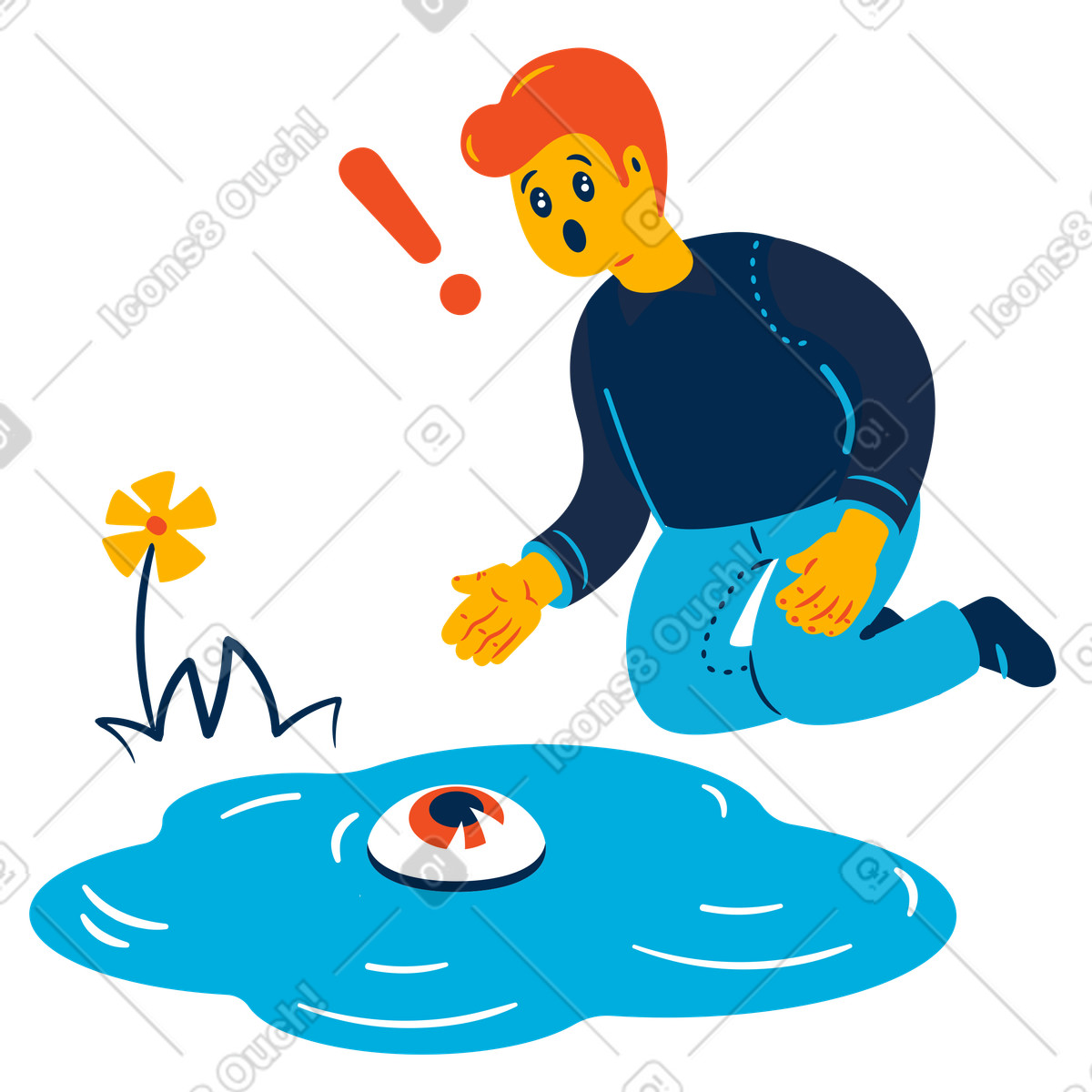 Man encountering the unknown eye in water illustration Flame style download PNG, SVG