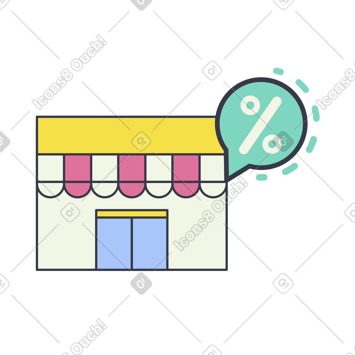 Ilustración Storefront with percent sign in speech bubble, Shop offer or price reduction en estilo Abstract a descargar en PNG y SVG
