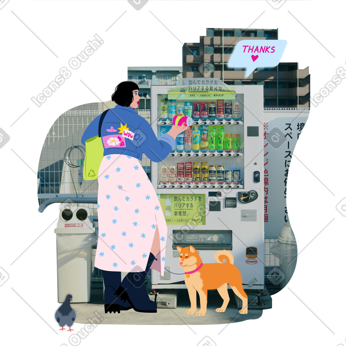 Young woman buys a drink from vending machine illustrazione in stile Everyday scarica in PNG, SVG