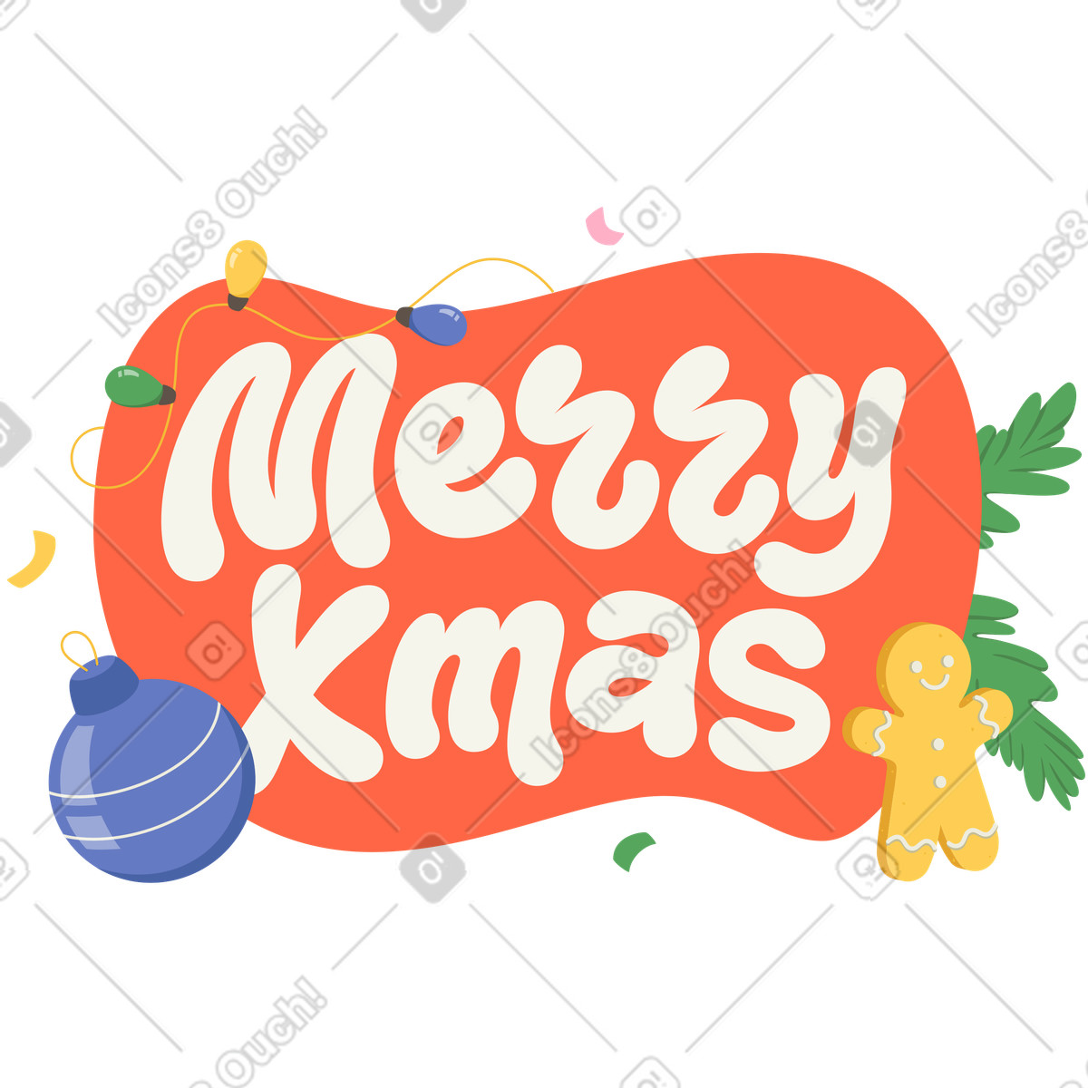 Lettering merry xmas con ghirlanda e testo di pan zenzero natalizio illustrazione in stile Social scarica in PNG, SVG