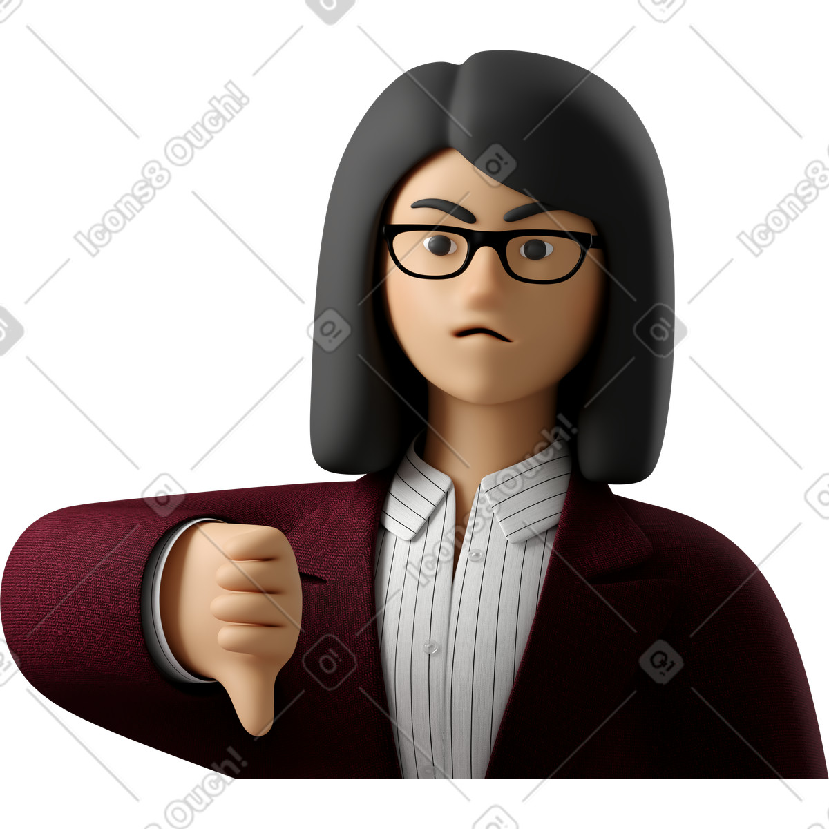 3D Business スタイルの Close up of angry businesswoman in red suit showing thumbs down のイラストをPNG、SVG形式でダウンロード