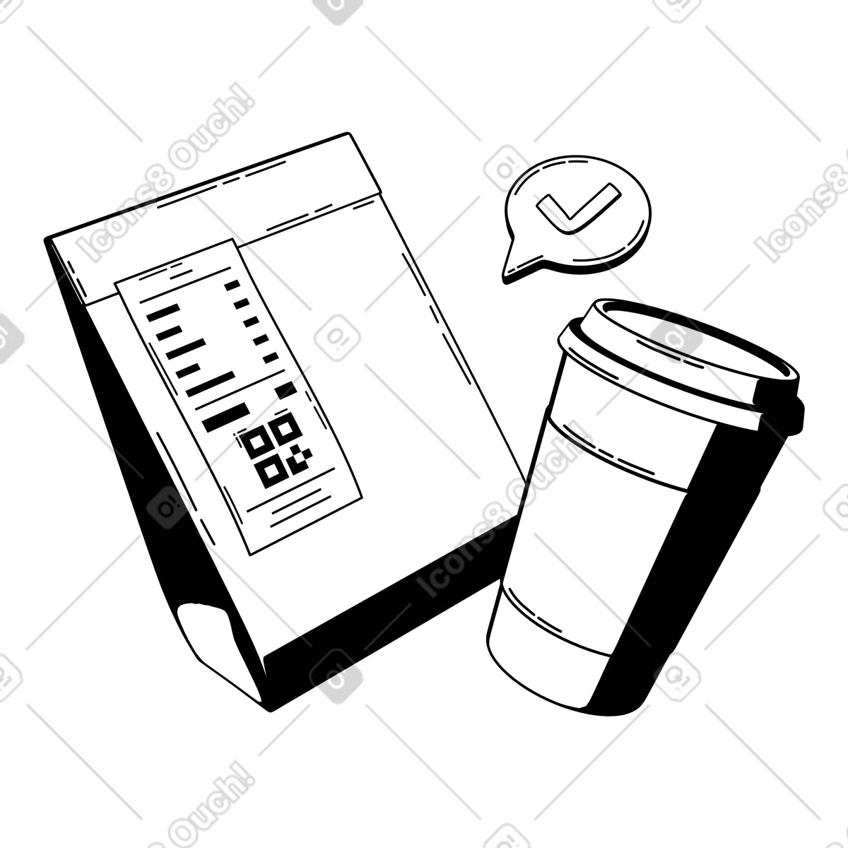 Lunch bag with coffee cup and check mark, takeaway food order completion animated illustration in 3D Techny Line style download in GIF, Lottie (JSON), AE